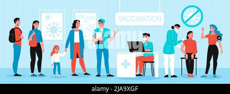 Composizione della vaccinazione con scenario interno e vista orizzontale di persone in posizione in linea per l'illustrazione del vettore del vaccino Illustrazione Vettoriale