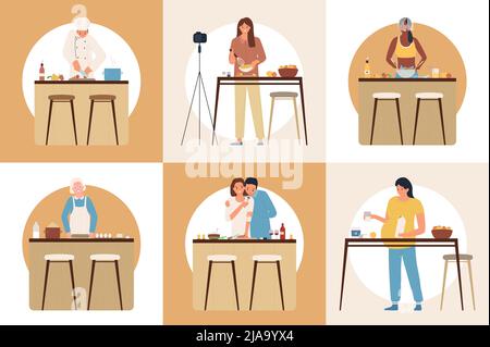 Preparazione del concetto di disegno piatto del cibo insieme di sei icone quadrate con i caratteri maschili e femminili che cucinano sulla cucina illustrazione vettoriale isolata Illustrazione Vettoriale