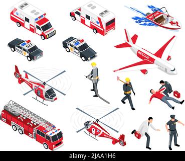 Servizi di emergenza isometrici impostati con icone isolate di auto di servizio camion fuoco elicottero aereo e la gente vettore illustrazione Illustrazione Vettoriale