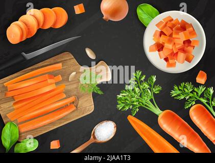 Composizione realistica del lavagna di carota con diverse fette e tipi di verdure ed erbe intorno all'illustrazione vettoriale Illustrazione Vettoriale