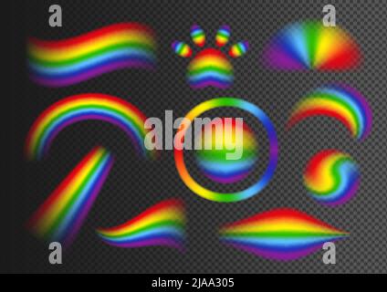 Set realistico arcobaleno con elementi astratti multicolore in forme ondulate rotonde e ad arco su sfondo scuro trasparente illustrazione vettoriale isolata Illustrazione Vettoriale