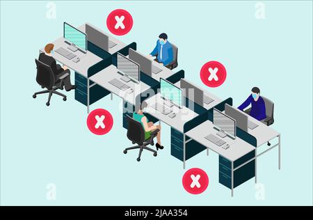 Social distancing nella workstation d'ufficio. I dipendenti mantengono la distanza durante il lavoro sulla postazione di lavoro. Consapevolezza della sicurezza del virus covid-19. Vettore Illustrazione Vettoriale