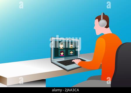 Online partecipa alla videochiamata con zoom e altra piattaforma. Illustrazione Vettoriale