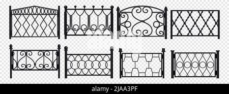 Sezioni di recinzione in metallo forgiato con motivo diverso realistico impostato su sfondo trasparente illustrazione vettoriale isolata Illustrazione Vettoriale