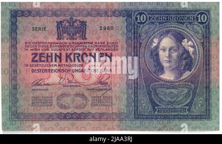 Banconota, 10 corone. Rudolf Rössler (1864-1934), artista, Banca Austriaco-Ungherese, autorità Mint, Josef Pfeiffer (1864-1915), Artista Foto Stock