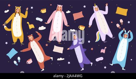 Uomini e donne felici che indossano pigiami animalistici kigurumi su sfondo scuro con simboli del sonno illustrazione vettoriale piatta Illustrazione Vettoriale