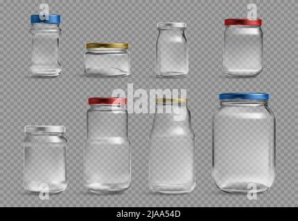 Vasi di vetro realistici su sfondo trasparente con lattine lucide isolate immagini mockup con capsule di alluminio illustrazione vettoriale Illustrazione Vettoriale