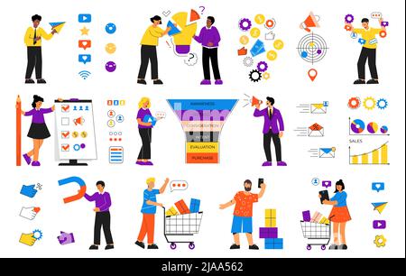 Set di imbuto con icone piatte e isolate e caratteri umani con caselle di controllo reazioni e statistiche icone illustrazione vettoriale Illustrazione Vettoriale