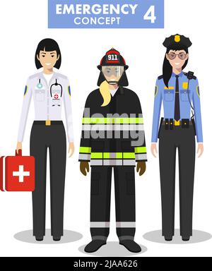 Illustrazione dettagliata di vigili del fuoco femminile, medico di emergenza, poliziotto in stile piatto su sfondo bianco. Illustrazione Vettoriale