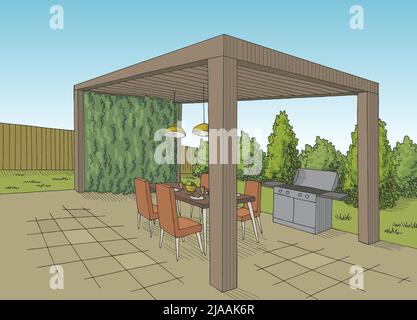 Gazebo giardino grafico moderno colore architetto paesaggio disegno illustrazione vettore Illustrazione Vettoriale