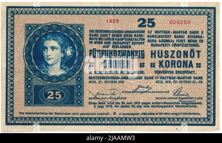 Banconota, 25 corone. Rudolf Rössler (1864-1934), artista, Banca Austriaco-Ungherese, autorità della zecca Foto Stock