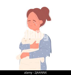 Arrabbiato piangere ragazza che abbraccia il giocattolo dell'orso. Seduta da sola, ansia e depressione illustrazione vettoriale Illustrazione Vettoriale