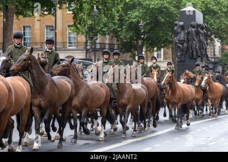 I membri della Household Cavalry hanno visto sposarsi con i loro cavalli lungo Whitehall. Immagine scattata il 24th maggio 2022. © Belinda Jiao jiao.bilin@gmail. Foto Stock