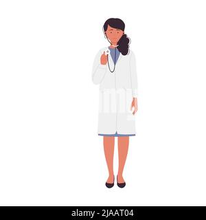 Medico donna con stetoscopio medico. Operatore ospedaliero in illustrazione vettoriale uniforme Illustrazione Vettoriale