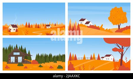 Villaggio autunno paesaggio con case cottage moderne o vecchie e giardino o foresta vettore illustrazione set. Cartoon fattoria edifici e campi di arancio rurale sulle colline, la natura caduta alberi panorama sfondo Illustrazione Vettoriale