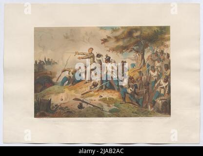 Dalla serie 'Hearing Trains from 1859', n° 14: 'Hauptmann Graf, Edler von Ortenburg stormed in cima ...' (Battaglia a Montebello il 20 maggio 1859). Dopo: Wenzel Ottokar Noltsch (1835-1908), Peinstre, dopo: Heinrich Reinhart (Reinhardt), Peinstre Foto Stock