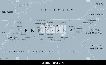 Tennessee, TN, mappa politica grigia, con capitale Nashville, e con grande, città importanti. Stato del Tennessee, situato nella regione sudorientale. Foto Stock