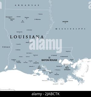 Louisiana, LA, mappa politica grigia con la capitale Baton Rouge e l'area metropolitana di New Orleans. Stato nelle regioni profonde del sud e del sud centrale degli Stati Uniti. Foto Stock