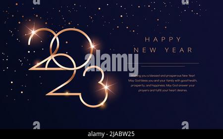 Luxury 2023 Happy New Year background. Golden design per Natale e Capodanno 2023 biglietti d'auguri con auguri di Capodanno di salute e prosperità. VEC Illustrazione Vettoriale