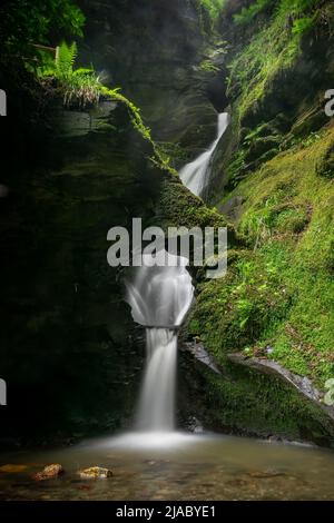 Lunga esposizione della cascata nella valle Glen di St Nectan in Cornovaglia, Regno Unito Foto Stock