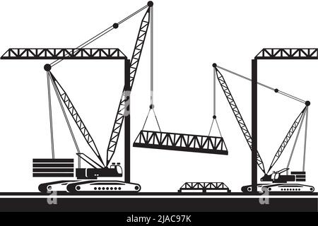 Gru cingolate che montano una parte del ponte – illustrazione vettoriale Illustrazione Vettoriale