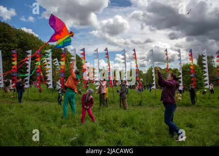 Mosca, Russia. 29th maggio 2022. La gente vola aquiloni durante il festival del aquilone di Pyostroye Nebo 2022 (Eng: Chainful Sky) nella riserva-museo di Tsaritsyno a Mosca, Russia. Nikolay Vinokurov/Alamy Live News Foto Stock