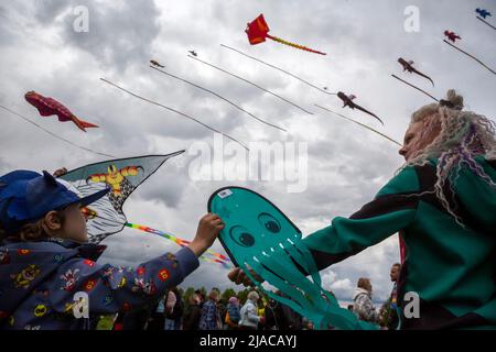 Mosca, Russia. 29th maggio 2022. La gente vola aquiloni durante il festival del aquilone di Pyostroye Nebo 2022 (Eng: Chainful Sky) nella riserva-museo di Tsaritsyno a Mosca, Russia. Nikolay Vinokurov/Alamy Live News Foto Stock