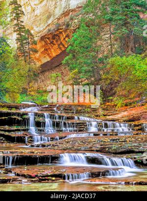 i colori cadono alle cascate di arcangelo sulla sinistra insenatura nord lungo la strada per la metropolitana nel parco nazionale di zion, utah Foto Stock