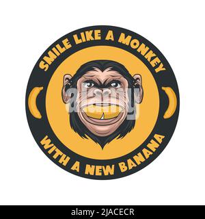 Sorridi come una scimmia con una Nuova Banana. Vettore sorridendo Chimpanzee Ape con Banana in bocca. Progettazione di preventivi tipografici. Funny Monkey Head per Wall Art Illustrazione Vettoriale