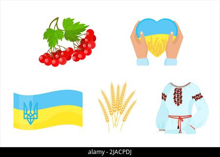 Imposta simboli ucraini. Vyshyvanka, viburnum, armi con cuore, bandiera nazionale dell'Ucraina, orecchie di grano. Vettore. Illustrazione Vettoriale