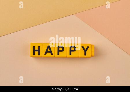 La parola FELICE scritto su cubi gialli primo piano. Sensazione di piacere o di soddisfazione. Fortunati e convenienti. Foto Stock