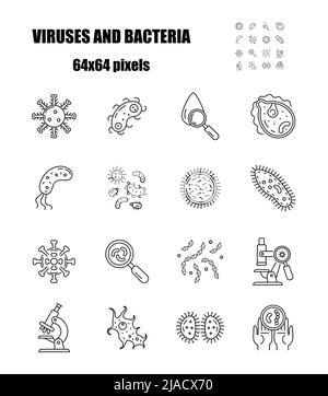 Batteri, icone dei virus impostate in linea, stile di contorno. Infezione virale, ameba, infusoria segno semplice per app, web. . Illustrazione Vettoriale