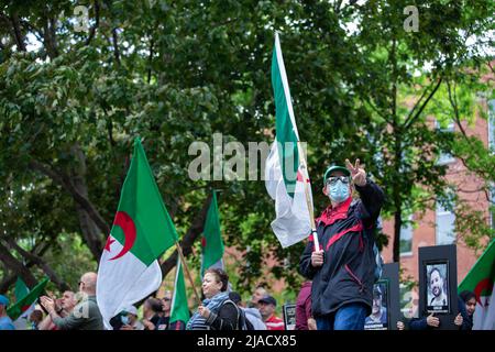 Montreal, Canada. 28th maggio 2022. Un protesto algerino detiene la bandiera algerina e fa un segno di pace durante la protesta. A quattro anni dalla diaspora algerina, il movimento Hirak continua a lottare per la democrazia a Montreal. Organizzato da Tous unis pour notre Algerie, centinaia di manifestanti si sono riuniti davanti al Consolato algerino per chiedere la rimozione degli attuali leader politici, guidati dal presidente Abdelmajid Tebboune. Citando la corruzione cronica e la mancanza di risoluzioni prevedibili, i manifestanti hanno definito il governo un governo mafioso. Credit: SOPA Images Limited/Alamy Live News Foto Stock