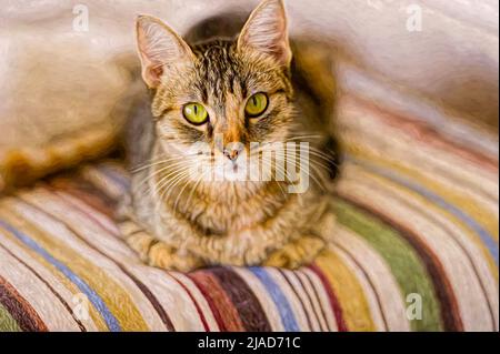 Un gatto Tabby sta poggiando su Una coperta colorata in Illustration Painting Format Foto Stock