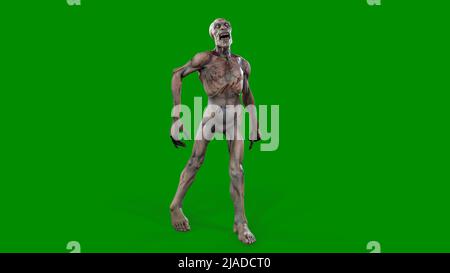Fantasy personaggio Zombie Undead in posa epica - 3D rendering su sfondo verde isolato Foto Stock