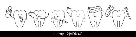 Set dcoda dentale per mascotte dentali. Denti ortodontici kawaii con spazzolino, dentifricio, filo interdentale, collutorio. Pulizia della bocca, concetto di igiene orale sanitaria. Dentista bambino vettore Illustrazione Vettoriale
