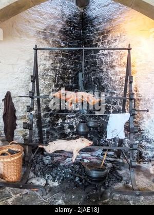 Una simulazione di maiali arrostiti su uno spit nella Abbot's Kitchen presso l'abbazia di Glastonbury a Glastonbury, Somerset, Inghilterra, Regno Unito. Foto Stock