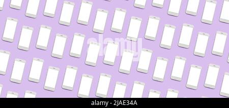 Molti smartphone con schermi vuoti su sfondo lilla. Ripetizione per il progetto Foto Stock