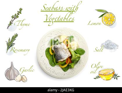 Gustoso seasbass cotto con verdure e ingredienti su sfondo bianco Foto Stock