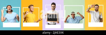 Collage di giovani uomini felici su sfondo colorato Foto Stock
