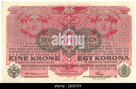 Banconota da 1 corone. Alois Hans Schram (1864-1919), artista, Rudolf Rössler (1864-1934), artista, Rudolf Junk (1880-1943), Artista, Banca Austriaco-Ungherese, autorità Mint Foto Stock