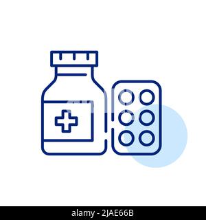 Pillole in un contenitore e blister. Sanità e prodotti farmaceutici. Pixel Perfect, icona grafica con linea di traccia modificabile Illustrazione Vettoriale