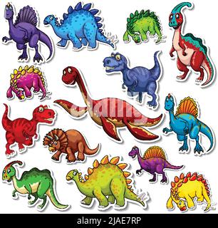 Set di adesivi di diversi dinosauri cartoni animati Illustrazione Vettoriale