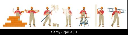 Operaio di costruzioni, architetto con piano e uomo in casco lavoro con pala, rullo di vernice e strumento di livellamento. Illustrazione piatta vettoriale del personaggio costruttore, riparatore con martello e trapano Illustrazione Vettoriale