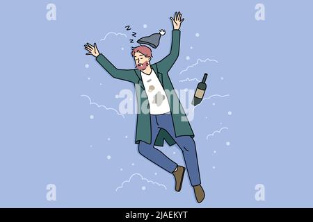 Uomo senza tetto che dorme per strada sulla neve accanto alla bottiglia. Ubriaco maschio doze fuori fuori lotta all'aperto con dipendenza alcolica. Alcolismo e ubriachezza. Illustrazione vettoriale piatta. Illustrazione Vettoriale