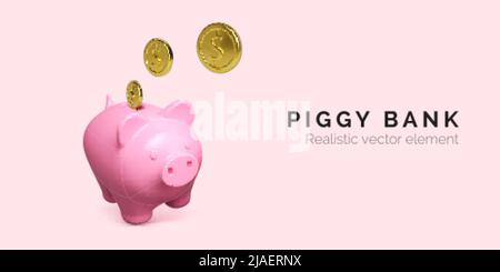 Piggy banca finanziaria e business concept. Maiale rosa realistico con moneta d'oro cadente. Banner di investimento finanziario. Risparmia denaro. Illustrazione vettoriale Illustrazione Vettoriale