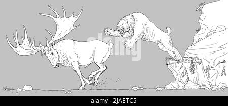 Il dente Sabre attacca il gigantesco cervo megaloceros. Disegno con animali estinti. Modello per libro da colorare. Foto Stock