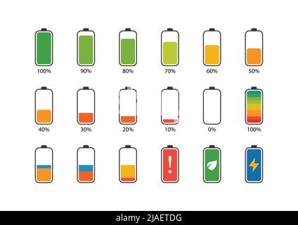 Icona della percentuale della batteria impostata. Livello di carica del telefono. Illustrazione vettoriale Illustrazione Vettoriale