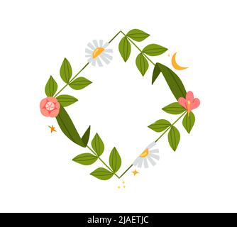 Illustrazione grafica astratta vettoriale disegnata a mano con clip art illustrazione di ornamento verde foglie cornice con fiori, luna e stelle in stile semplice Illustrazione Vettoriale