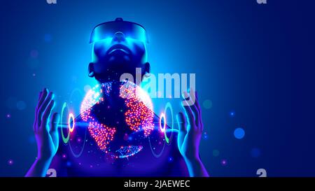 Concetto di tecnologia digitale per la realtà virtuale. L'uomo che indossa gli occhiali per visore VR da 3D° guarda verso l'alto, tiene il mondo nelle sue mani del mondo digitale. Realtà virtuale Illustrazione Vettoriale